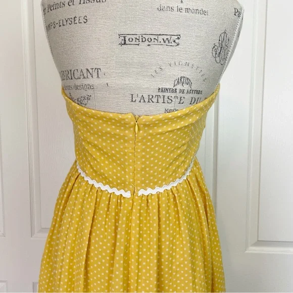 Lulus Mustard Yellow Polka Dot Strapless Midi Dress NWT Bow Ric Rac Trim Sz M - Picture 7 of 12